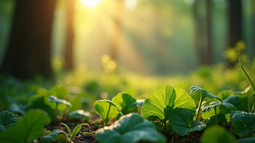 A serene natural setting with morning sunlight, dewdrops on green leaves, and peaceful forest floor, emphasizing tranquility without showing people or text